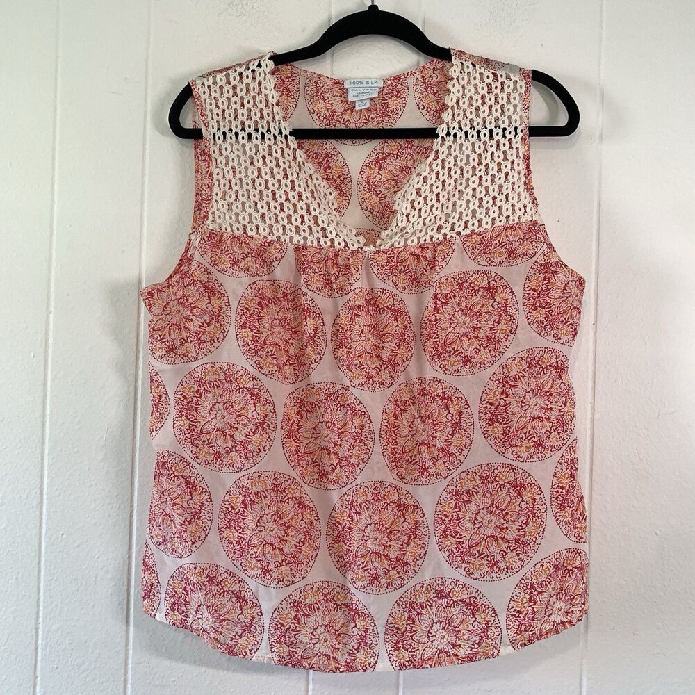Calypso Womens Large Tank Top Blouse 100% Silk Lace Tropical Pink Floral Beachy
